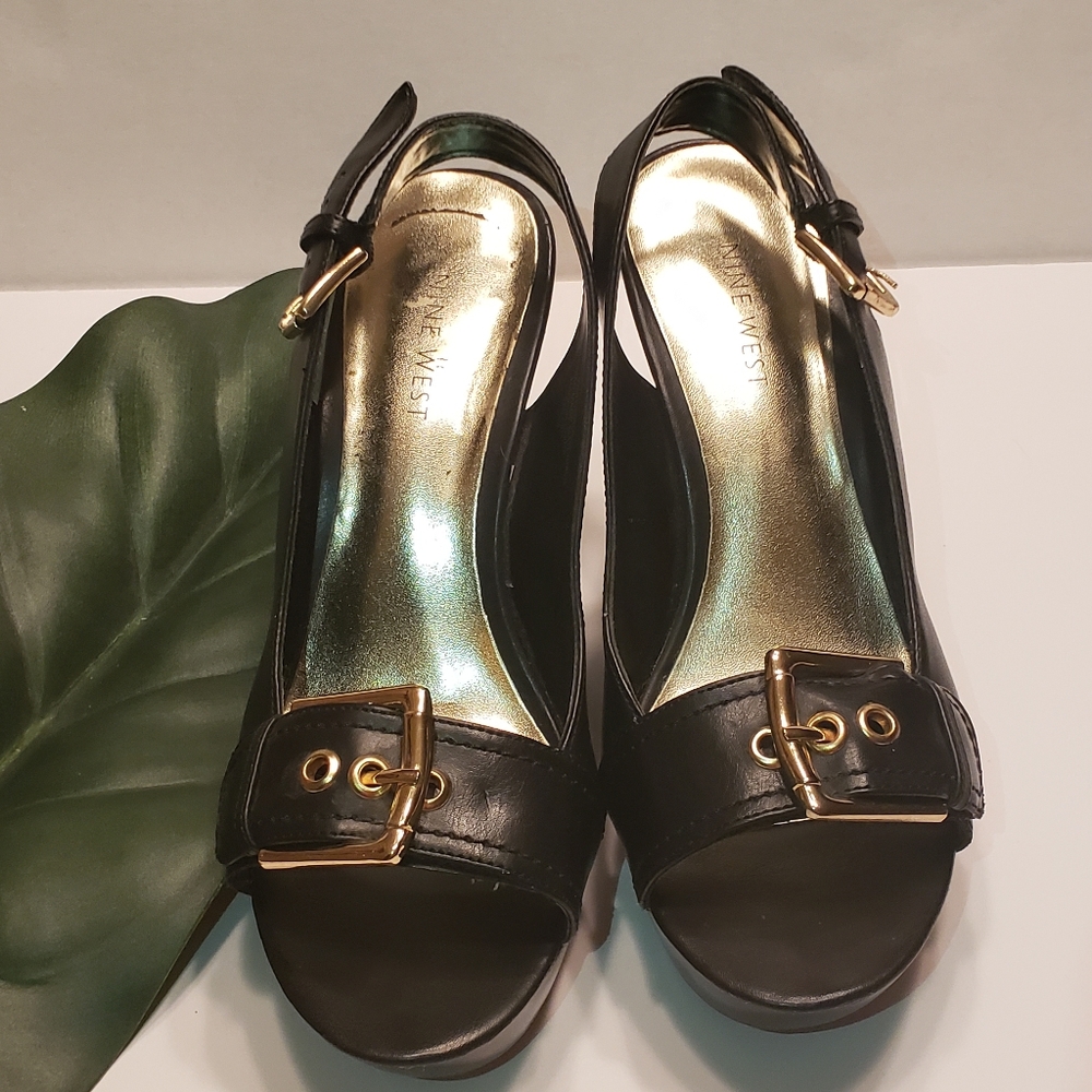 Nine West black buckle wedges size 6.5